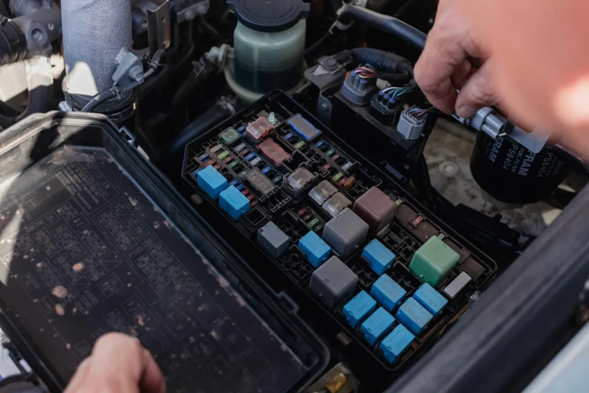Front fuse box on a Can-Am side by side with a fuse pulled for testing